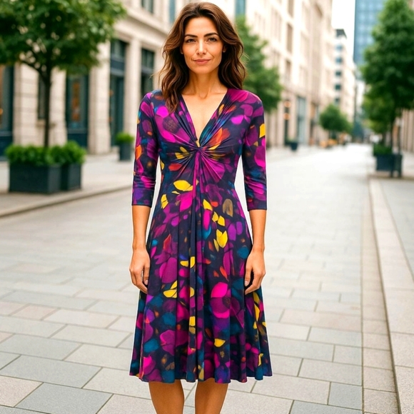 Kim Rogers Womens Size 8 Watercolor Floral Knot-Front Dress Midi - Picture 1 of 7